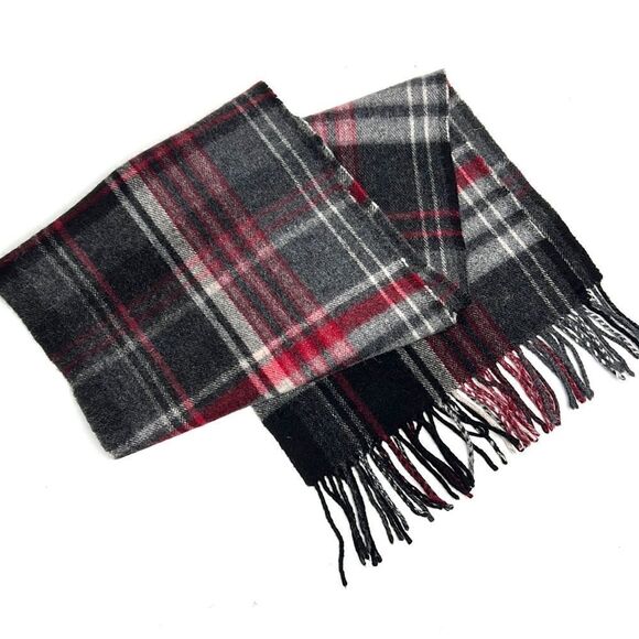 V. FRAAS Wool Cashmere Blend Gray Red Plaid Scarf Unisex - Picture 1 of 9